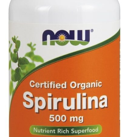 Flacon Spiruline bio 500 mg, 100 comprimés, NOW Foods.